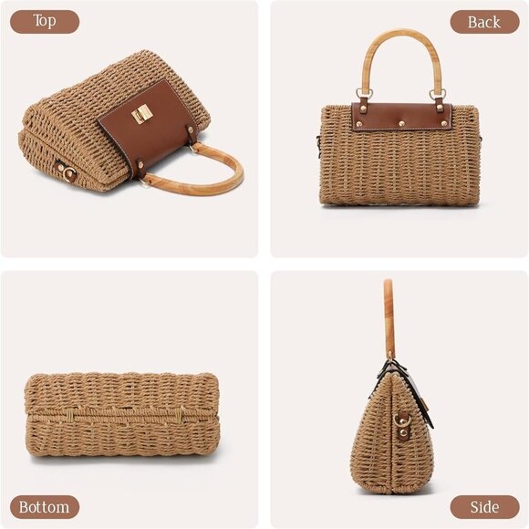 Women's Rattan Straw Crossbody Bag with Wood Handle Summer Beach Purse - Picture 5 of 6